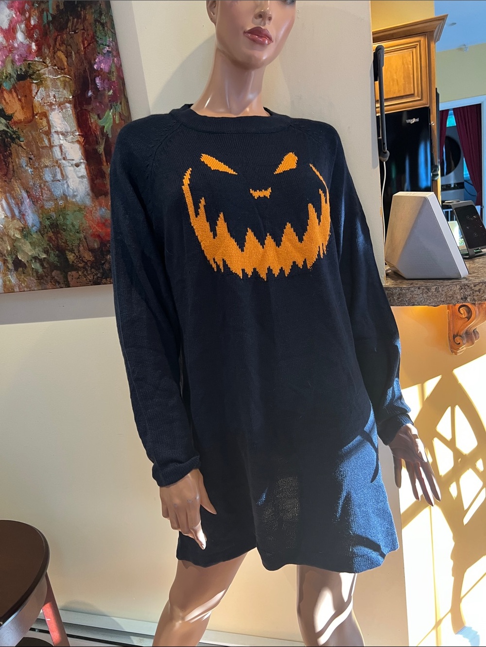 Dark blue long Knit Sweater or dress with  XL Orange Jack-O'-Lantern Face nwot